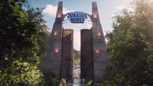The main gates to the Jurassic World theme park.